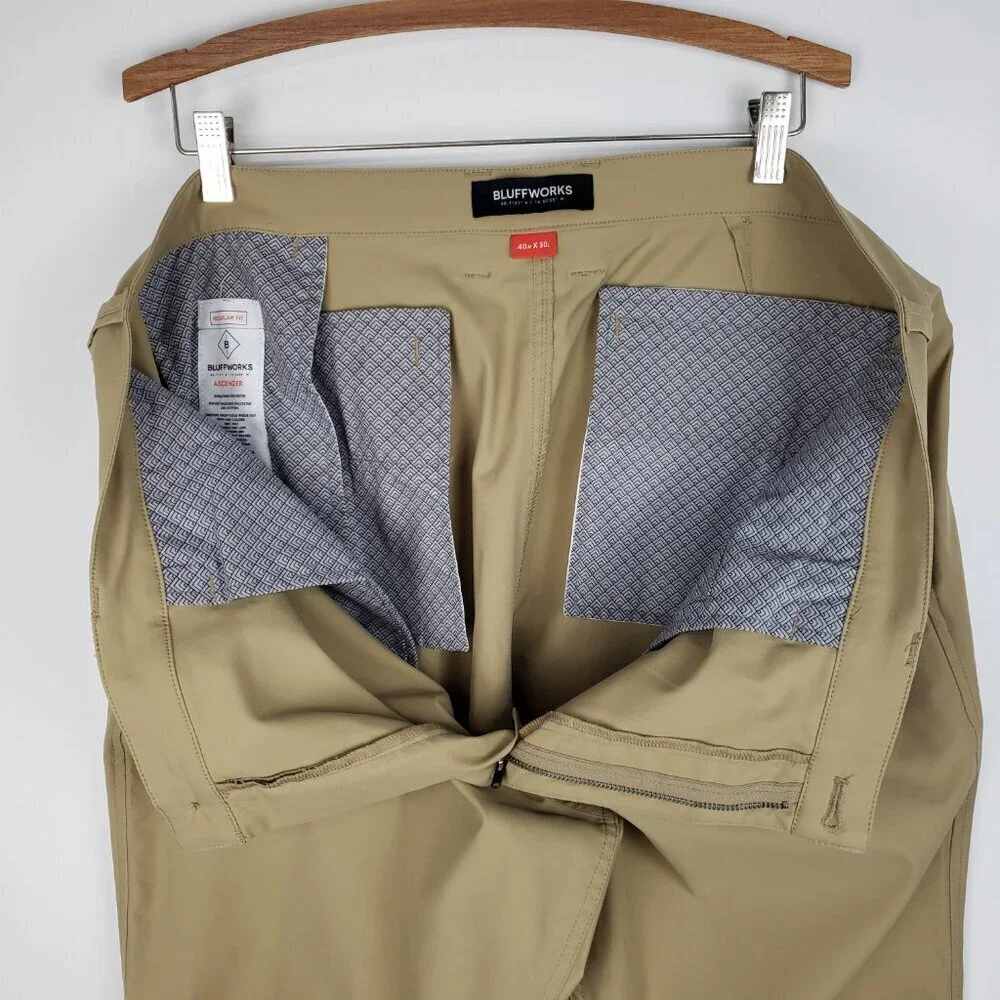 Bluffworks Ascender Chino Pants 40x30 Khaki Travel Lightweight Regular Fit